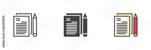 Notebook document icon set in line, solid and filled outline style