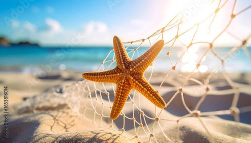 Golden Starfish Resting On A Fishing Net At Sandy Beach With Ocean Sunlight And Blue Sky Background