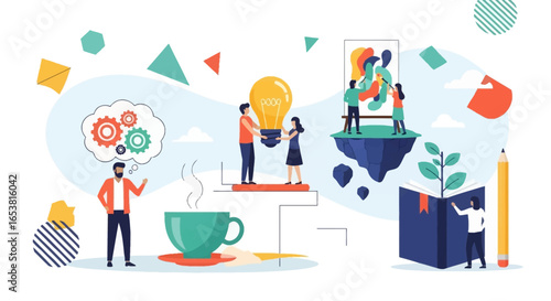 Collaborative creative process with teamwork, innovation, and artistic expression in a vibrant illustration