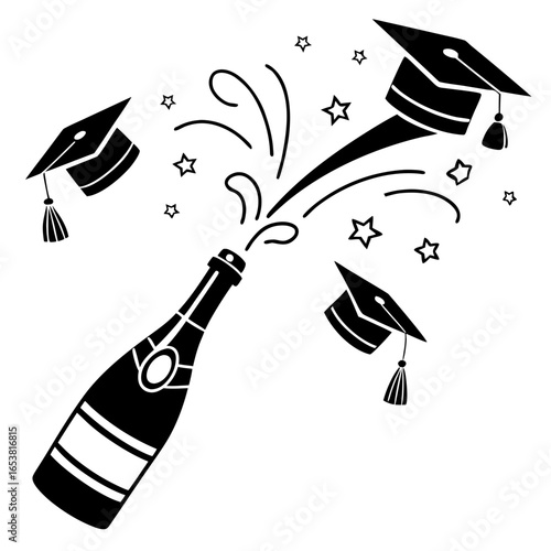 Champagne bottle popping graduation mortarboards isolated on white background
