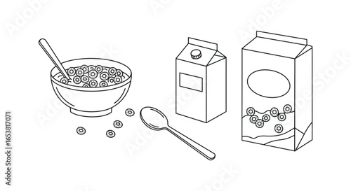 Simple Line Drawing of Cereal Bowl and Boxes