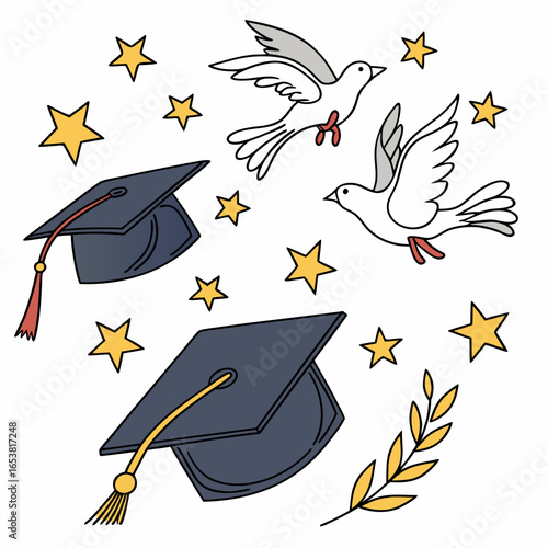Graduation caps and doves with stars isolated on white background