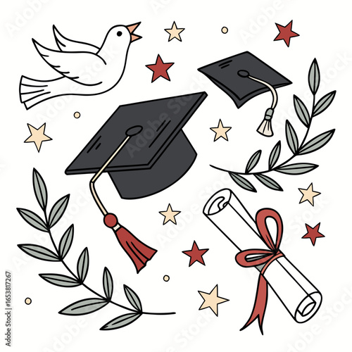 Graduation caps, diploma, dove, and branches isolated on white background
