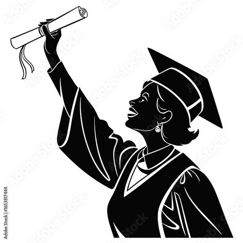 Silhouette of a female graduate holding a diploma isolated on white background