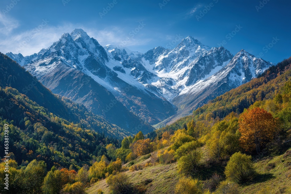 Obraz premium Krasnaya polyana scenic view featuring stunning north caucasus mountains flanked by colorful autumn leaves and fresh snow for adventure seekers and nature photography lovers
