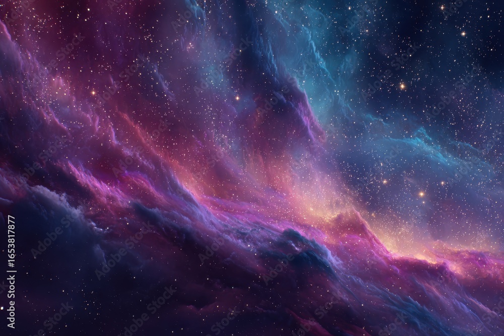 Fototapeta premium Stunning cosmic nebula with vibrant colors and dazzling stars. Captivating galactic scene perfect for astronomy lovers and celestial wall art enthusiasts. Majestic supernova display for star gazers