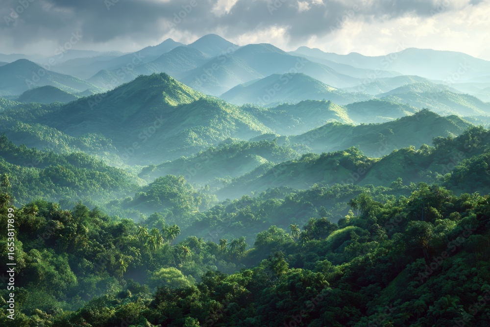 Naklejka premium Tropical forest views showcasing nature's beauty for eco-conscious projects, ideal for wellness retreats and sustainability campaigns