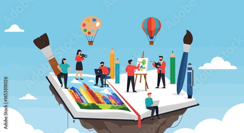 Creative Professionals Collaborating on a Giant Open Book