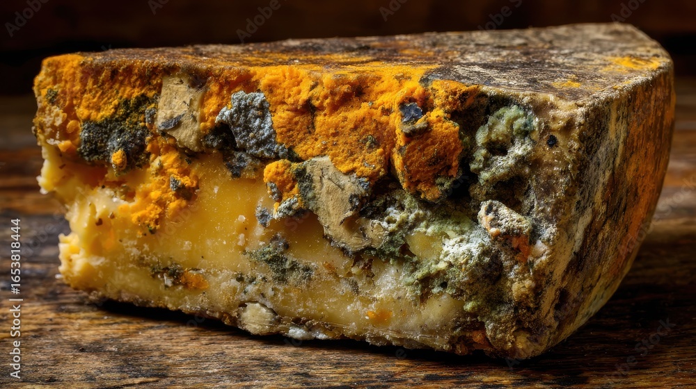 Fototapeta premium Moldy Cheese. Decay and Spoil of Old Cheddar, Rotten Texture of Inedible Moldy Cheese