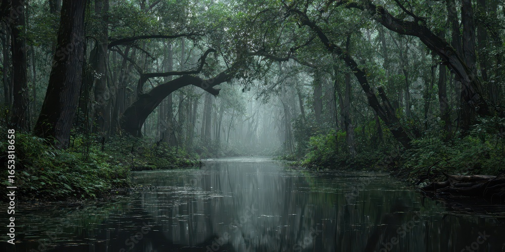 Naklejka premium Mysterious Swamp. Moody Forest Background with Bayou and Creepy Tree Branches