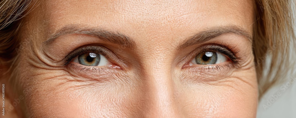 Fototapeta premium Puffy eyelids with swollen circles concept. Close-up of an expressive woman's face showing her aging beauty.