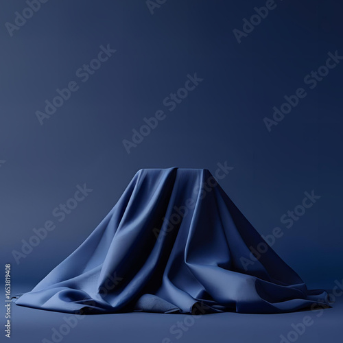A product podium or pedestal covered with elegant navy blue cloth for a reveal