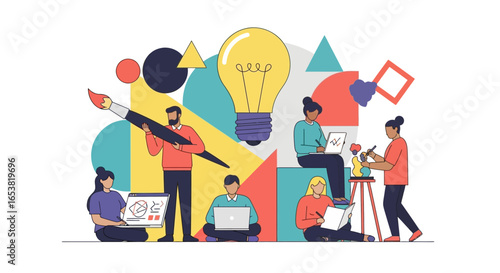 Diverse creative team collaborating with laptops, sketchbooks, and a giant paintbrush