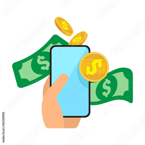 Hand holding smartphone with banknotes and coins icon representing mobile banking, digital finance, and online payment transactions