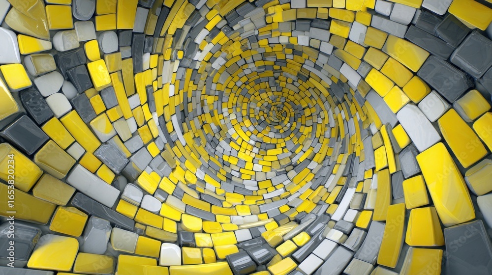 Fototapeta premium A captivating spiral of yellow and gray tiles creates an intriguing mosaic effect, drawing the viewer's eye toward the center. The artistic arrangement adds depth and vibrancy.
