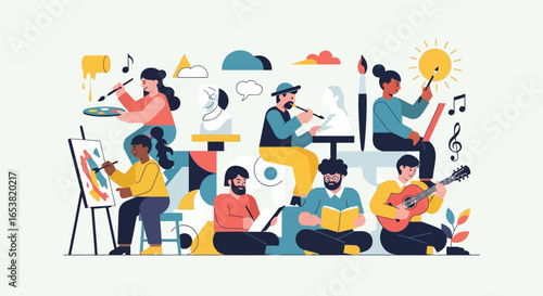Diverse group of artists engaged in various creative pursuits illustration