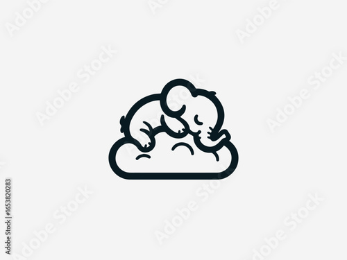 Peaceful baby elephant sleeping soundly on fluffy cloud in dreamy vector logo