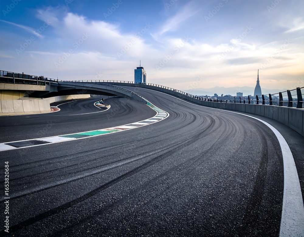 Naklejka premium Asphalt racing track curves through city skyline