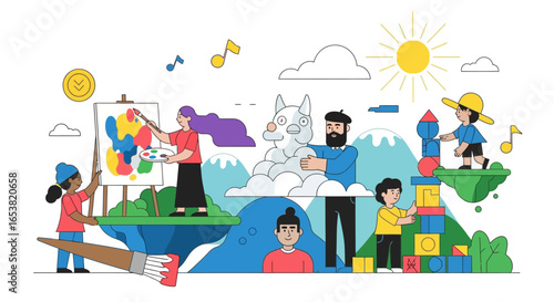 Diverse Group of People Engaging in Creative Activities and Playful Construction