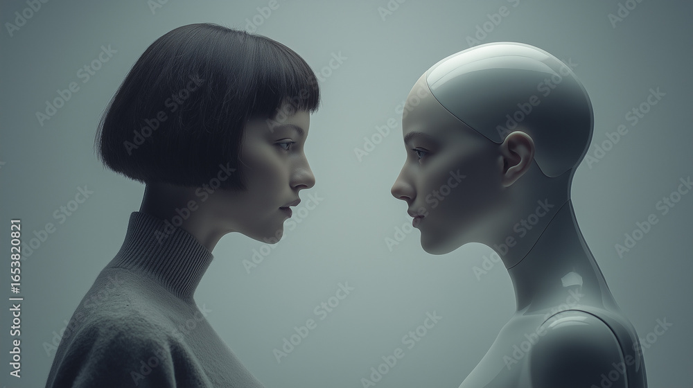 Fototapeta premium 人間とヒューマノイドが向かい合い見つめ合う未来的イメージ「生成AI」