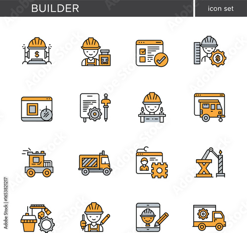 Collection of outline style builder icons featuring construction workers, tools, vehicles, and building elements for design and business
