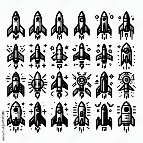 vector illustration of Rocket icon set, vector rocket silhouette, startup symbol, space shuttle, spaceship launch futuristic design, black and white rocket outline and filled isolated, technology,