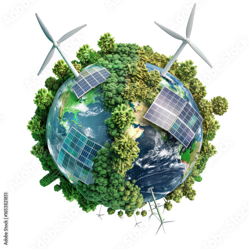 Green energy concept with solar panels and wind turbines on a lush green planet, isolated on transparent background