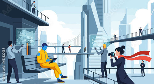 Futuristic Cityscape with Diverse People Interacting with Technology and Architecture.