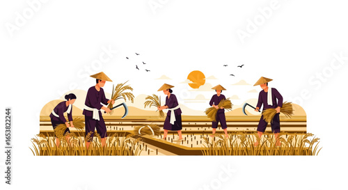 Golden Rice Harvest: Farmers in Conical Hats Cutting Rice at Sunrise