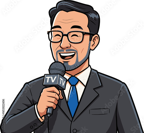 Smiling TV news reporter in a suit holding microphone ready for broadcast, cartoon vector illustration for journalism and media theme
