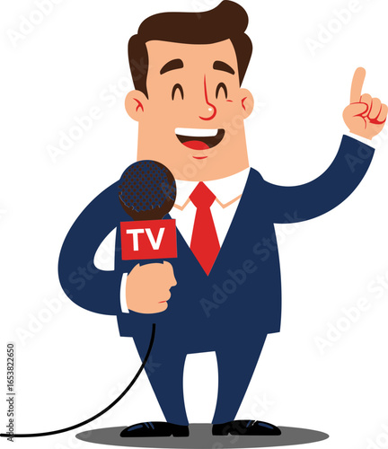 Smiling TV news reporter in a suit holding microphone ready for broadcast, cartoon vector illustration for journalism and media theme