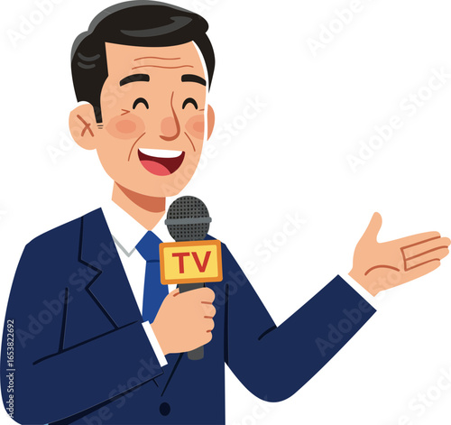 Smiling TV news reporter in a suit holding microphone ready for broadcast, cartoon vector illustration for journalism and media theme