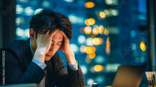 深夜のオフィスで残業に疲れ果てるサラリーマンの姿「生成AI」