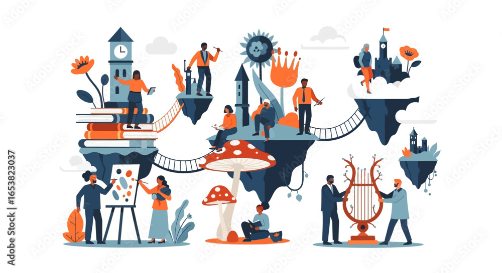 Naklejka premium Whimsical Floating Islands Depicting Art, Music, and Knowledge