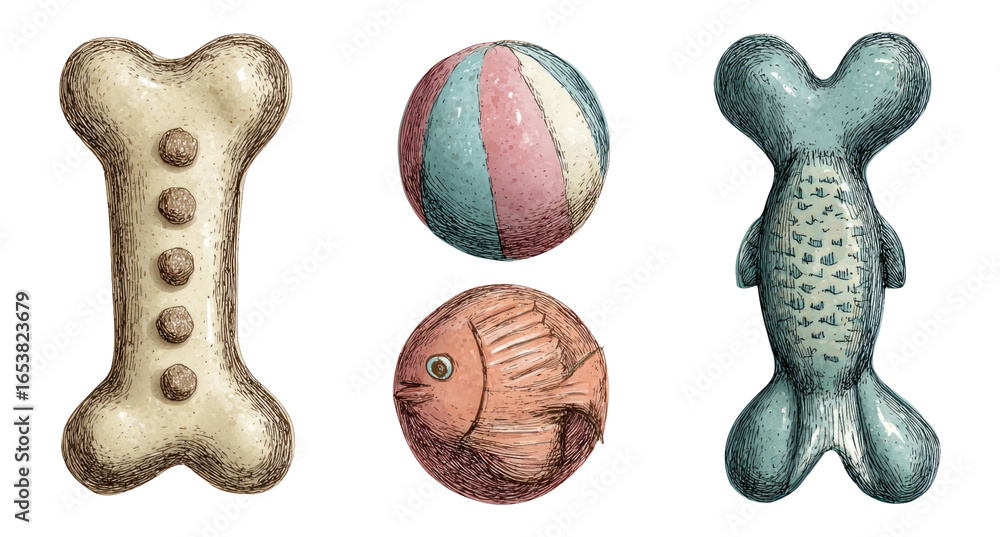 Obraz premium Colorful Dog Toys Including Bone, Ball, Fish Shape on White Background