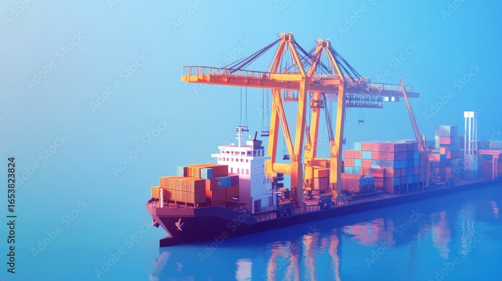 Fototapeta premium Low-poly Container Ship Loading Crane Harbor Scene