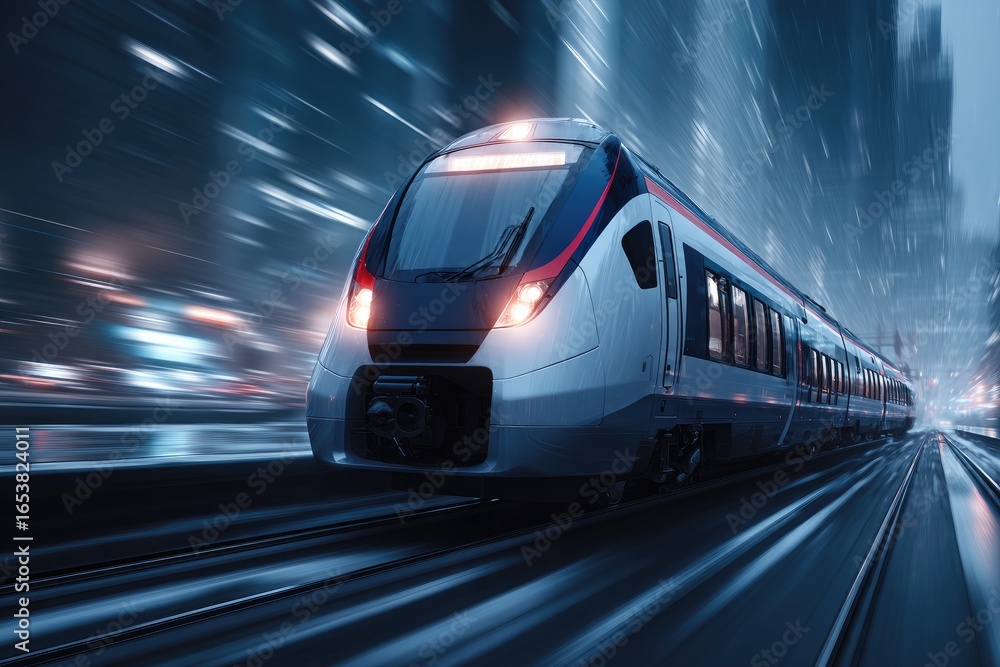 Naklejka premium High-speed train zips through city night