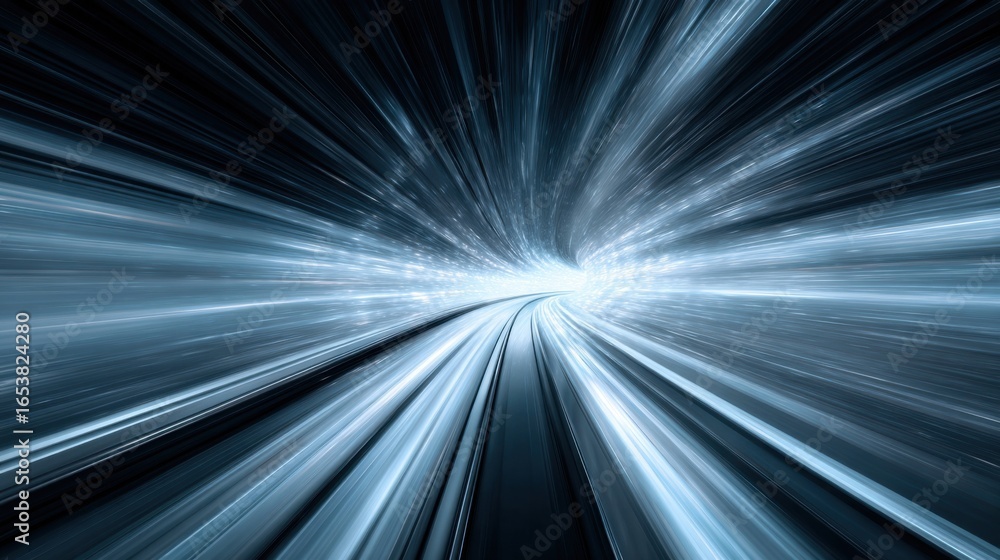 Fototapeta premium A dynamic light tunnel stretches into the distance, with beams of light racing past in a mesmerizing pattern. The effect suggests rapid movement through a vibrant passageway.