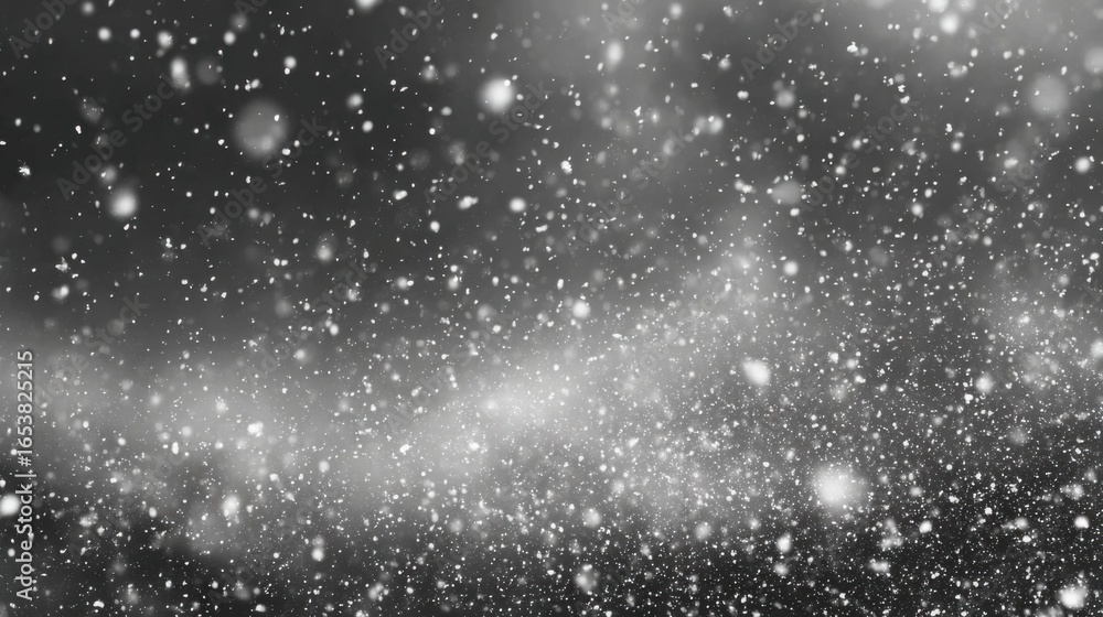 Fototapeta premium Snowflakes drift softly down in a dark night sky, creating a serene atmosphere. The landscape is transformed into a winter wonderland, blanketing everything in white.