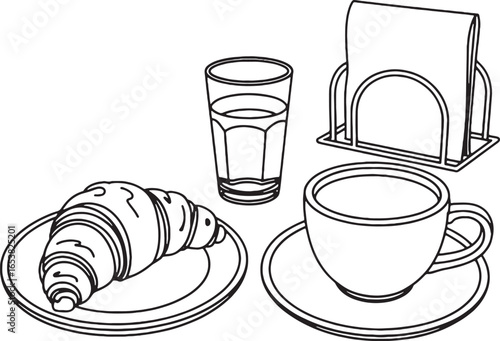 Breakfast Setting with Croissant Coffee and Juice in Outline saucer