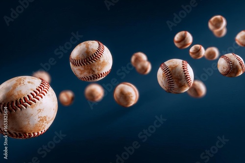 A lively scene of baseballs swirling through the air creating a sense of motion and excitement in a vibrant blue background