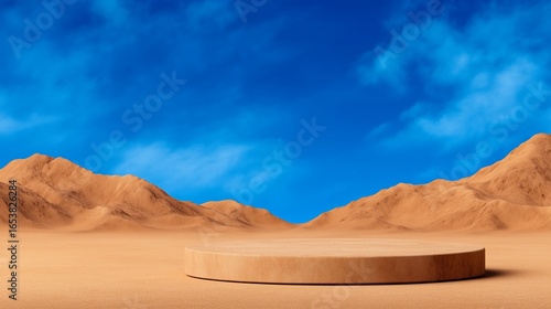 A circular, light-brown wooden podium sits in a vast, sandy desert landscape beneath a vibrant blue sky.