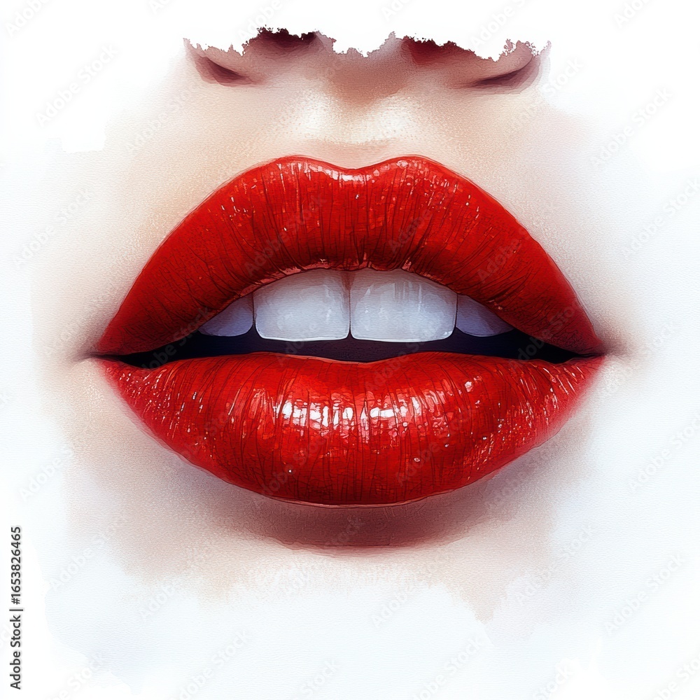 Obraz premium Open red lips with bright reflective lipstick 