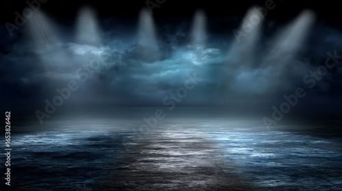 Dramatic Night City Lights Reflected On Water With Spotlights