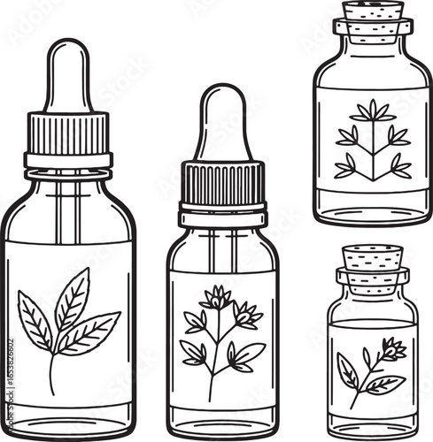 Set of Five Black and White Outline Illustrations of Dropper Bottles with Plant Motifs essential oils