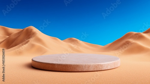 A round, light beige pedestal sits amidst a vast expanse of beige desert dunes under a clear, vibrant blue sky.