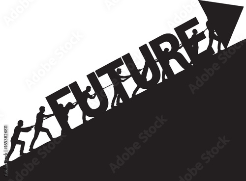 Silhouettes of people pushing the word future up a steep incline symbolizing effort uphill struggle