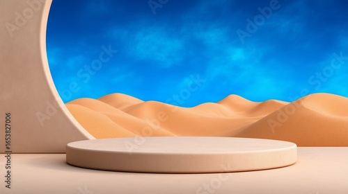 A beige, round podium, set against a backdrop of desert dunes and a vibrant blue sky, creates a serene and minimalist display.
