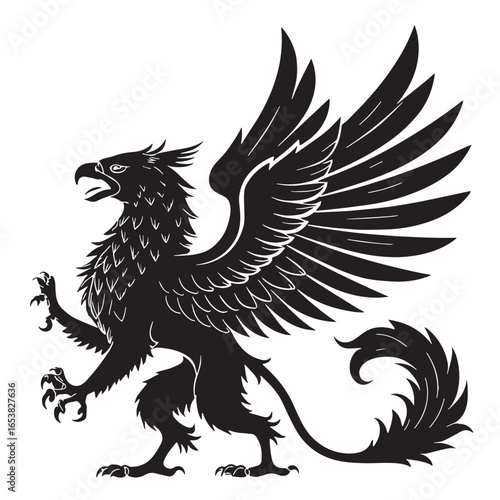 black mythic bird griffin Silhouette Vector, High Quality Illustration on White Background