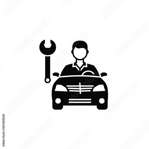 Car mechanic icon with wrench and vehicle silhouette